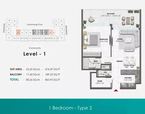 Waref Residences: Plattegrond Type 4, 863 sq ft