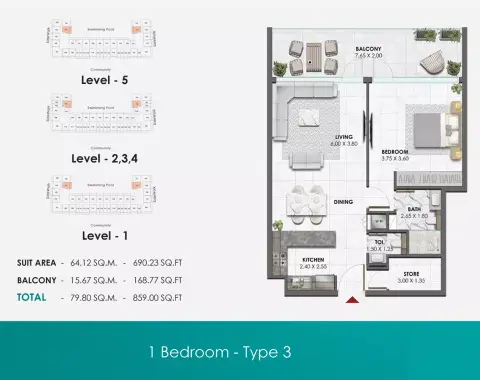 Waref Residences: Plattegrond Type 5, 859 sq ft