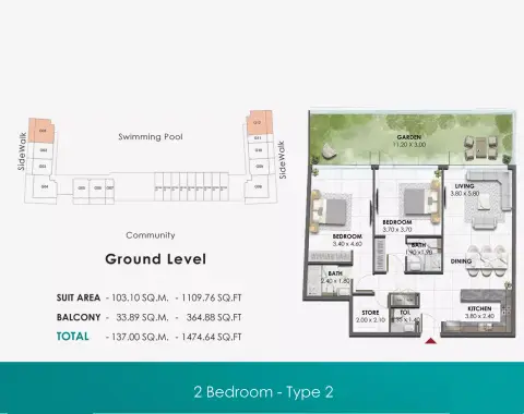 Waref Residences: Plattegrond Type 3, 1,474 sq ft