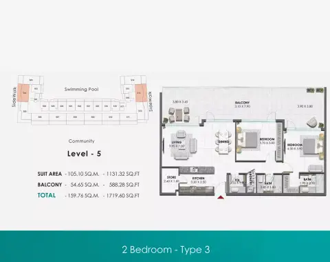 Waref Residences: Plattegrond Type 5, 1,719 sq ft