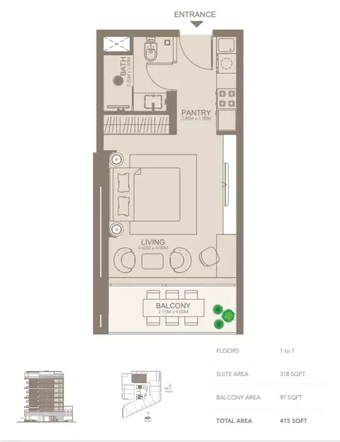 غولف غروف: مخطط الطابق Type B, 415 sq ft