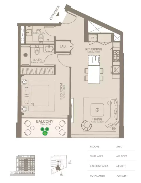 غولف غروف: مخطط الطابق Type E, 725 sq ft
