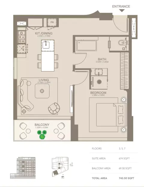 غولف غروف: مخطط الطابق Type F, 743 sq ft