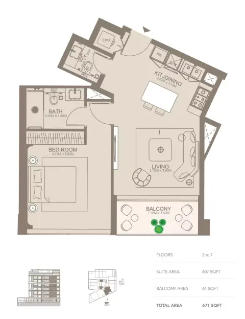 غولف غروف: مخطط الطابق Type D, 671 sq ft