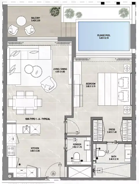 Gharbi 1 Residences: Floor plan Type A, 877 sq ft