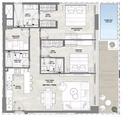 Gharbi 1 Residences: Floor plan Type A, 2,068 sq ft