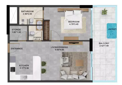 Alta: Floor plan Type A, 177 sq ft