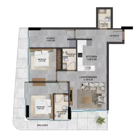 Alta: Floor plan apartment, 390 sq ft
