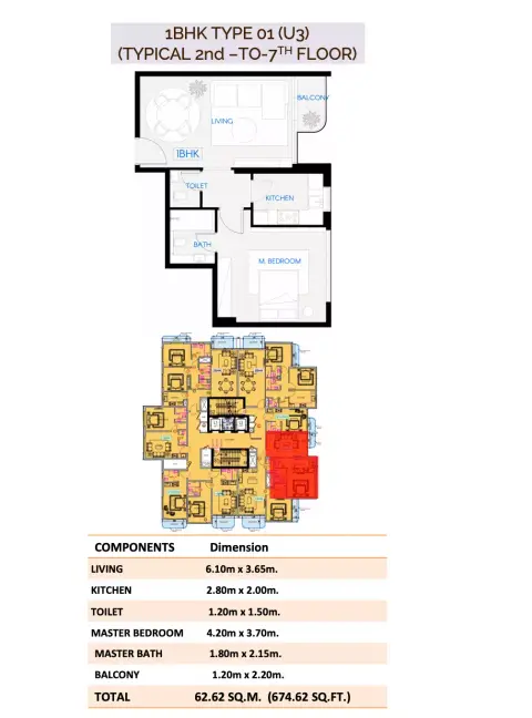 Celestara Residences: Floor plan Type 01, 674 sq ft