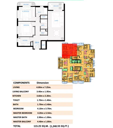Celestara Residences: Floor plan Type 02, 1,240 sq ft