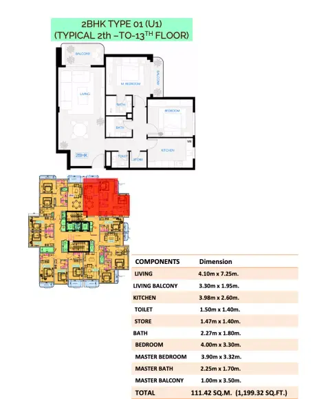Celestara Residences: Floor plan Type 01, 1,199 sq ft
