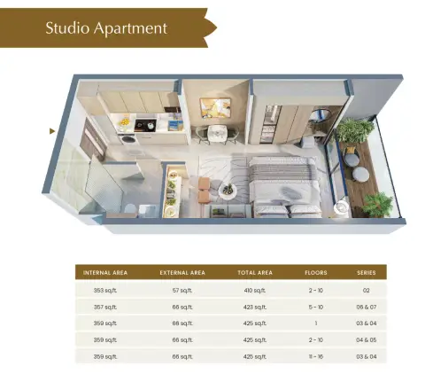 Blossom76: Floor plan Type A, 410 sq ft