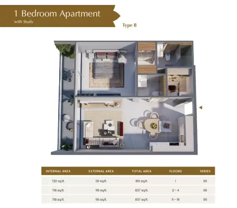 Blossom76: Floor plan 1 Bedroom with study-Type B, 837 sq ft