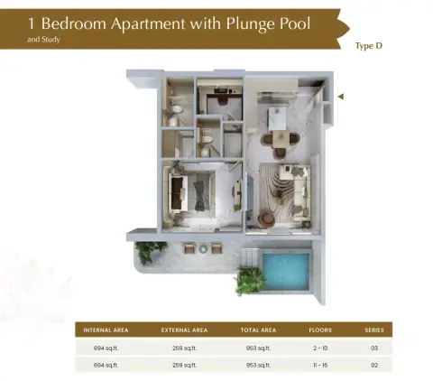 Blossom76: Floor plan 1 Bedroom with study and Plunge Pool-Type D, 953 sq ft