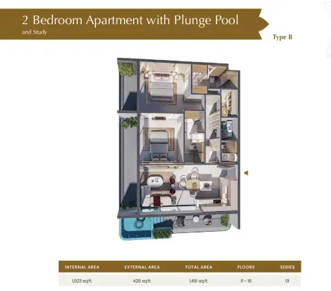 Blossom76: Floor plan 2 Bedroom with Plunge-pool, Study-Type B, 1,451 sq ft