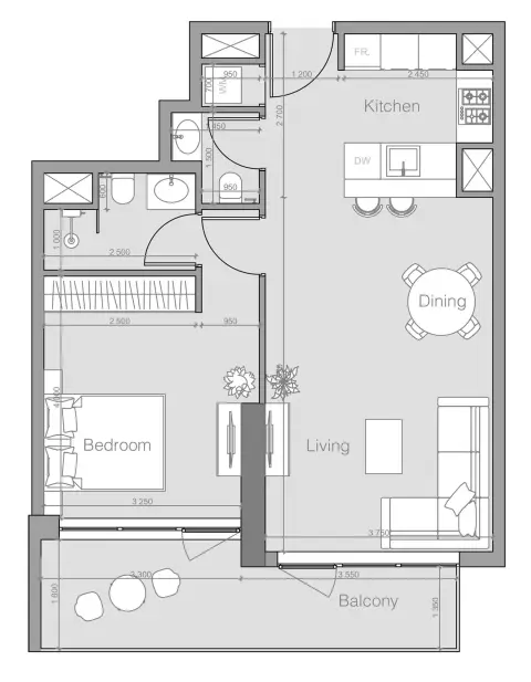 Ozone 1 Residence: Floor plan Type F, 747 sq ft