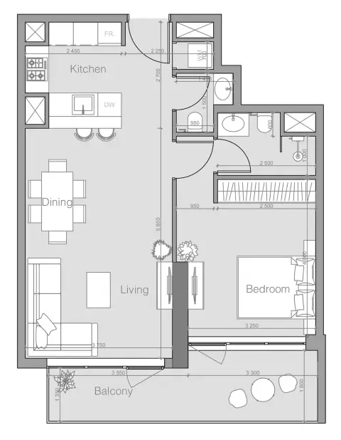 Ozone 1 Residence: Floor plan Type H, 748 sq ft