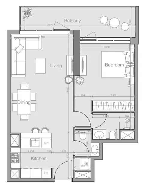 Ozone 1 Residence: Floor plan Type I, 749 sq ft