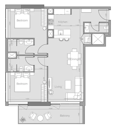 Ozone 1 Residence: Floor plan Type D, 1,054 sq ft