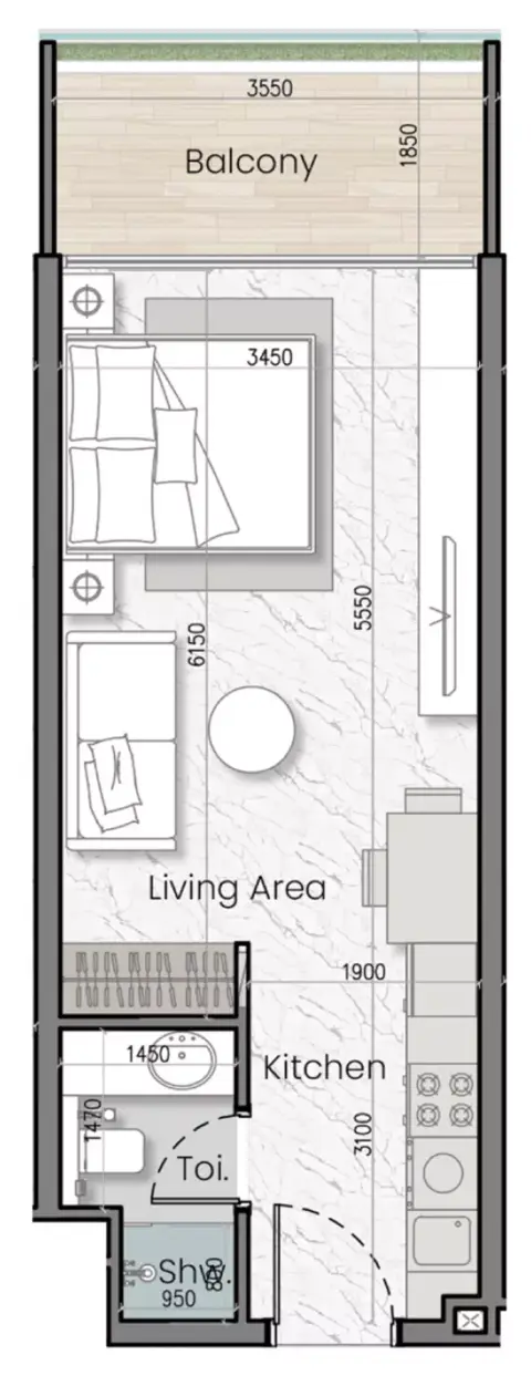 Mak I'Sola Bella: Floor plan Type E, 411 sq ft