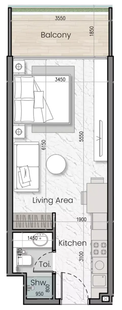 Mak I'Sola Bella: Floor plan Type B, 411 sq ft