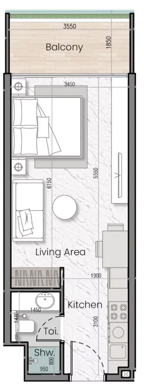 Mak I'Sola Bella: Floor plan Type J, 411 sq ft
