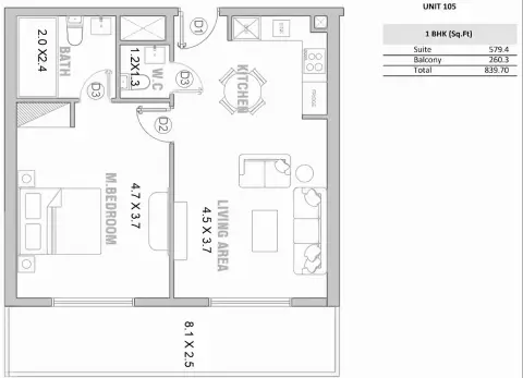 Equiti Garden: Plattegrond Type A, 839 sq ft