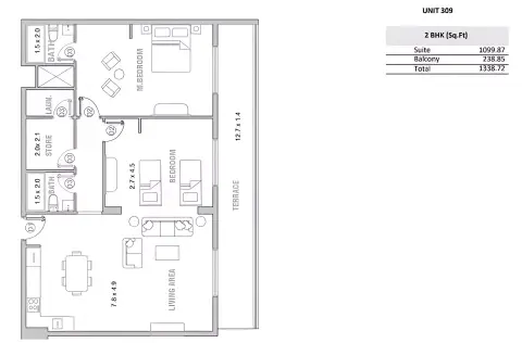 Equiti Garden: Plattegrond Type B, 1,338 sq ft