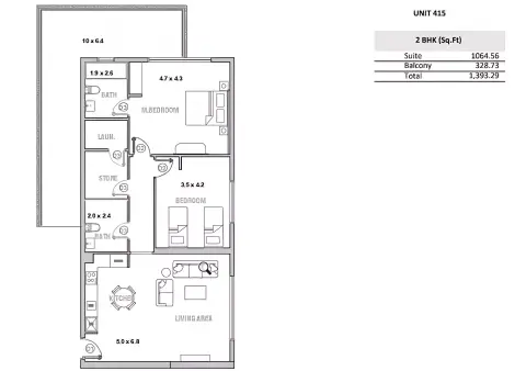 Equiti Garden: Plattegrond Type C, 1,393 sq ft