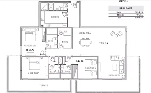 Equiti Garden: Plattegrond Type A, 2,106 sq ft