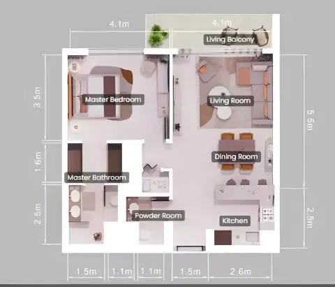 تيل: مخطط الطابق Type A, 796 sq ft