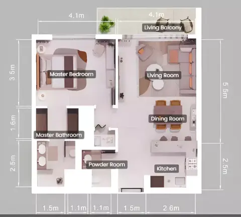 Pine: Floor plan Type A - Mirrored, 1,065 sq ft