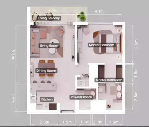 Pine: Floor plan Type A, 1,065 sq ft