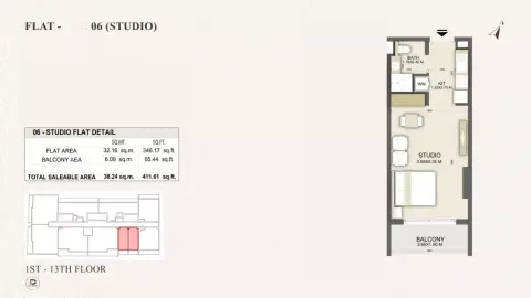 Dalmore Tower: Floor plan Type B Flat 06, 411 sq ft