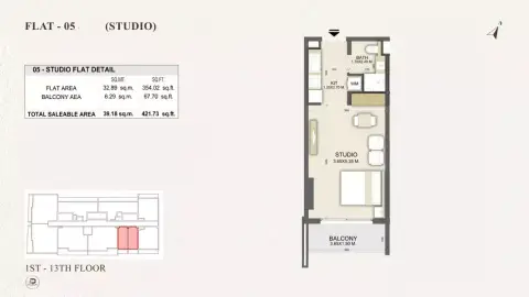 Dalmore Tower: Floor plan Type A Flat 05, 421 sq ft