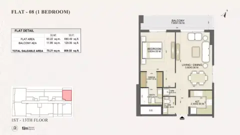Dalmore Tower: Floor plan Type B Flat 08, 809 sq ft