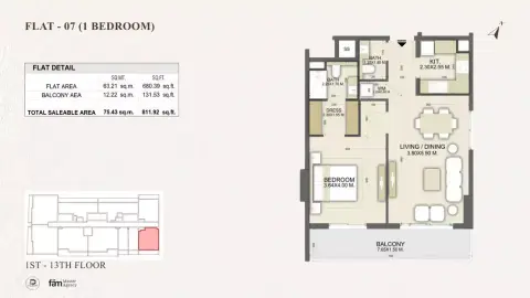 Dalmore Tower: Floor plan Type A Flat 07, 811 sq ft