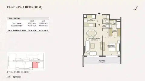 Dalmore Tower: Floor plan Type D Flat 05, 811 sq ft