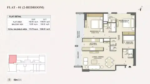 Dalmore Tower: Floor plan Type A Flat 01, 1,246 sq ft