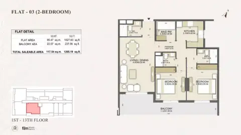 Dalmore Tower: Floor plan Type C Flat 03 + Maid, 1,265 sq ft