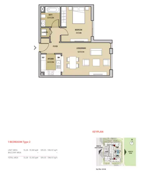 Mudon Central Park: Floor plan Type 2, 595 sq ft