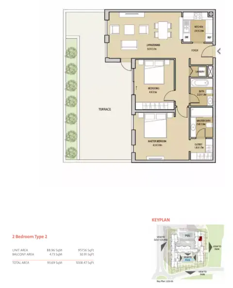 Mudon Central Park: Floor plan Type 2, 1,008 sq ft