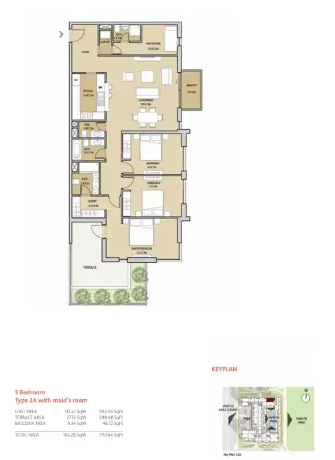 Mudon Central Park: Floor plan Type 2A with maid’s room, 1,758 sq ft
