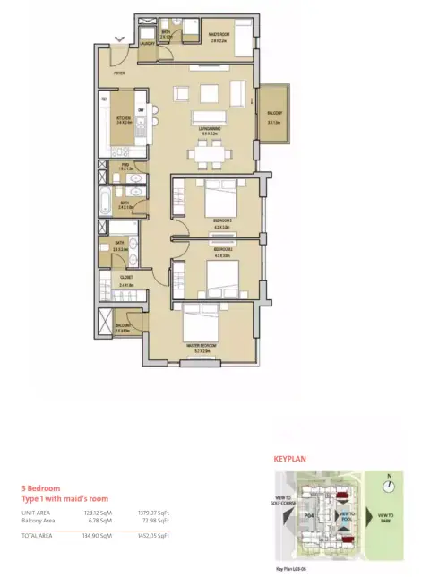 Mudon Central Park: Floor plan Type 1 with maid’s room, 1,452 sq ft