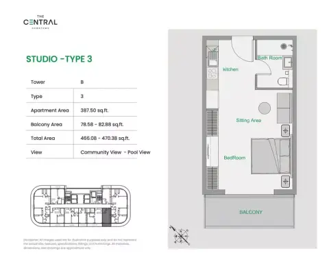 ذا سنترال داون تاون: مخطط الطابق Tower B - Type 3, 466 sq ft