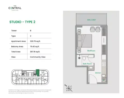 ذا سنترال داون تاون: مخطط الطابق Tower B - Type 2, 397 sq ft