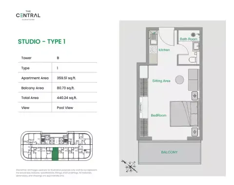 ذا سنترال داون تاون: مخطط الطابق Tower B - Type 1, 440 sq ft