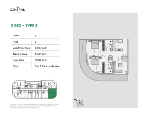 ذا سنترال داون تاون: مخطط الطابق Tower B - Type 3, 1,221 sq ft