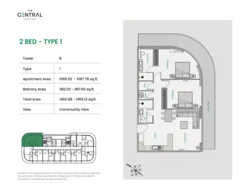 ذا سنترال داون تاون: مخطط الطابق Tower B - Type 1, 1,450 sq ft