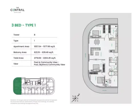 ذا سنترال داون تاون: مخطط الطابق Tower B - Type 1, 2,179 sq ft